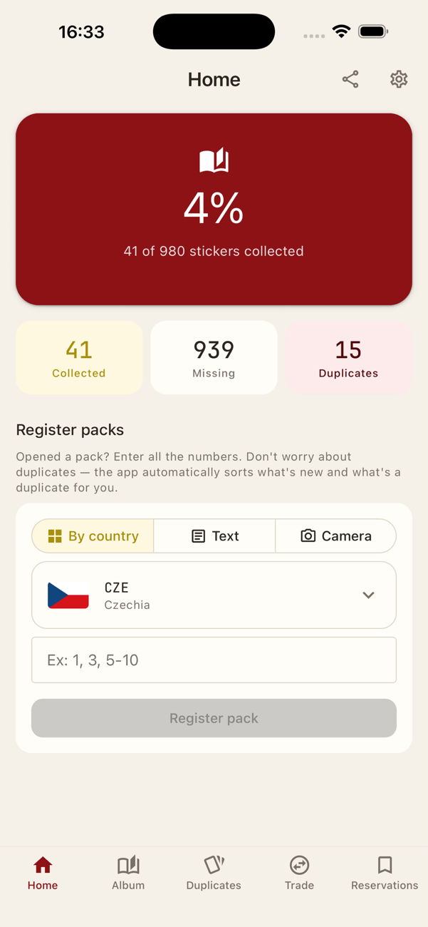 Home screen showing 67% progress and collection stats
