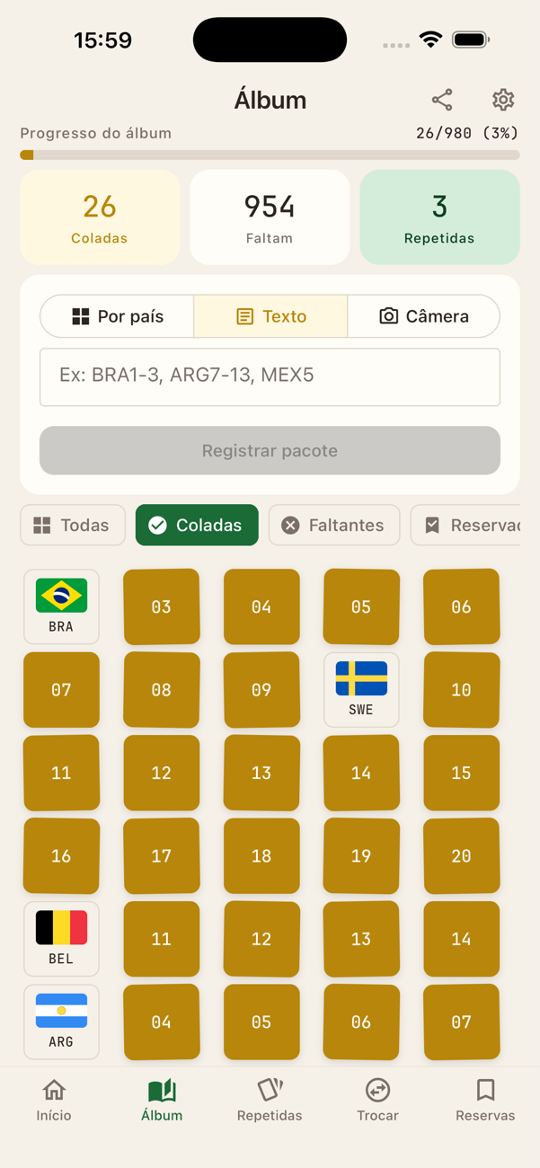 Álbum mostrando grid de figurinhas organizadas por seleção